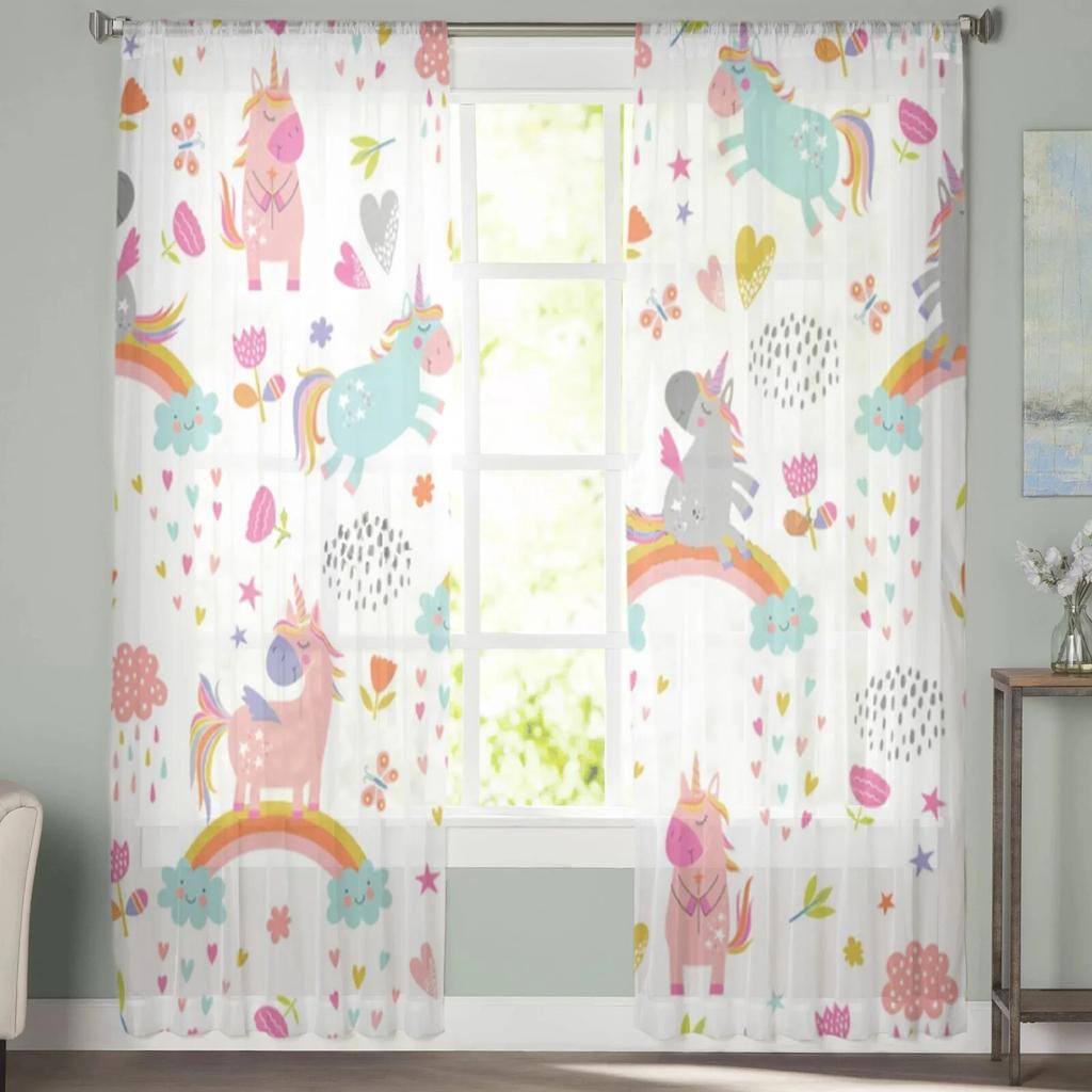 Cartoon Cute Unicorn Tulle Sheer Window Curtains For Living Room The Bedroom Modern Chiffon Voile Curtains Fabric Drapes