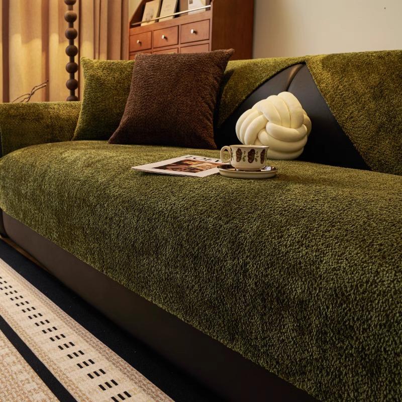 Sofa Cushion Winter Plush Non-Slip Medium Antique Dark Green Retro Advanced Sense Straight Row Sofa Seat Cushion Sofa Cover Towel