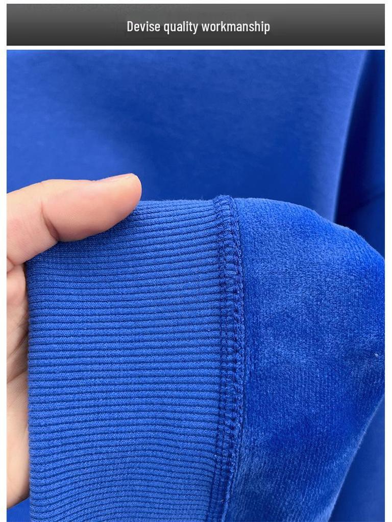 High-End Men's Royal Blue Embroidered Sweatshirt, Round Neck, Velvet-Lined for Autumn/Winter Warmth