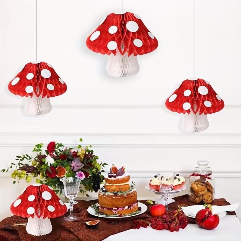 3D Mushroom Honeycomb Hanging Decoration for Easter Forest Theme Party Supplies Indoor Outdoor Birthday and Wedding Decor