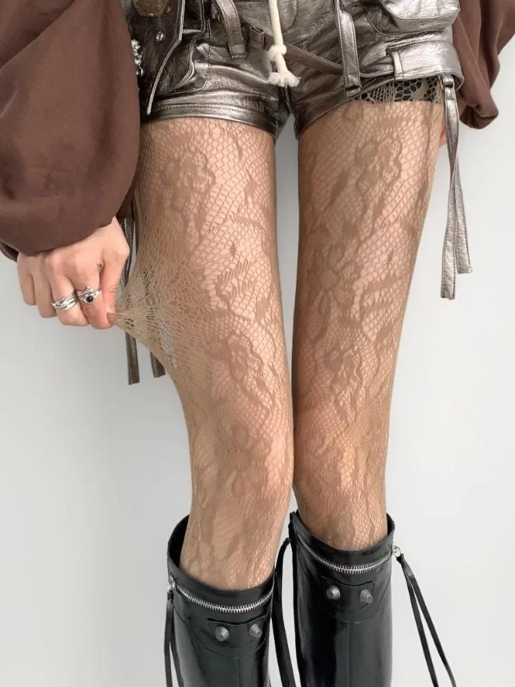 Floral Pattern Coffee Fishnet Pantyhose Women Sexy Brown Hollow Out Mesh Tights Lolita Nylon Plus Size Transparent Stockings