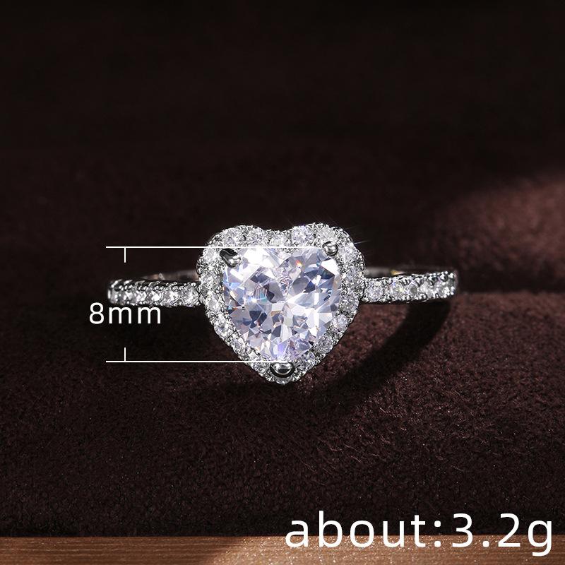 Peach Heart Ring Ladies, Love Shaped Zircon Diamond Set Copper Silver Plated Fashion Jewelry