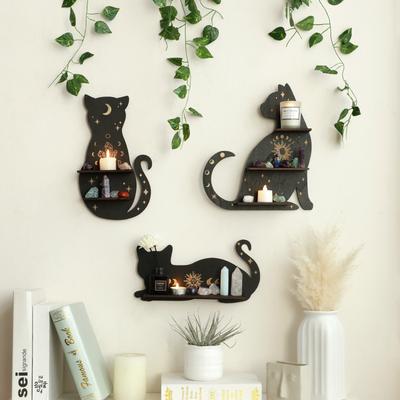 Scaffale Espositore in Cristallo Nero - Scaffali Sospesi Carini a Forma di Gatto per Decorazioni Murali di Halloween Camera da Letto Scaffale Espositore per Cristalli e Pietre Decorazioni Stregonesche per la Stanza