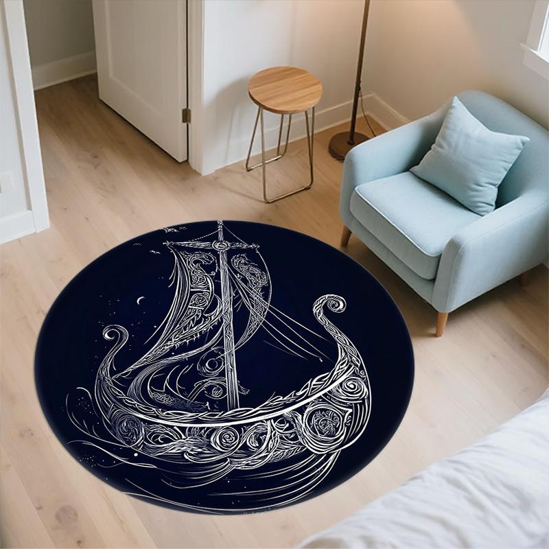 Viking Ship,Round Area Rug,Carpet Rug for Living Room Bedroom Sofa Playroom Decor,Non-slip Floor Mat