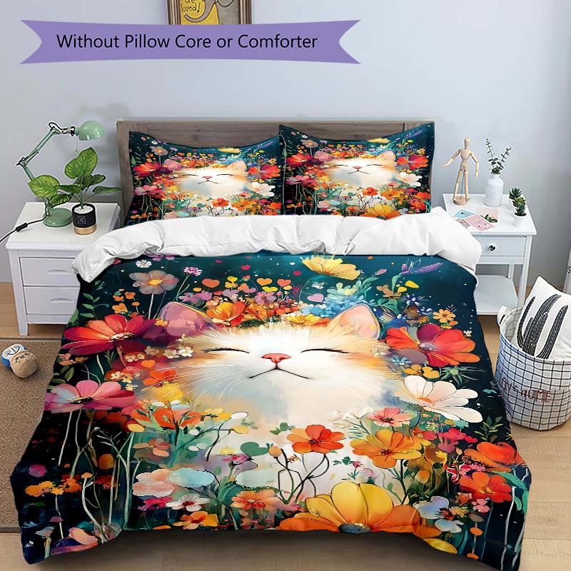 

3pcs Colorful Art Cat & Flowers Quilt Cover Set - Soft and Cozy Bedroom, Guest Room and Dorm Decorative Bedding 3-Piece Set 1 Quilt Cover + 2 Pil 135x200cm