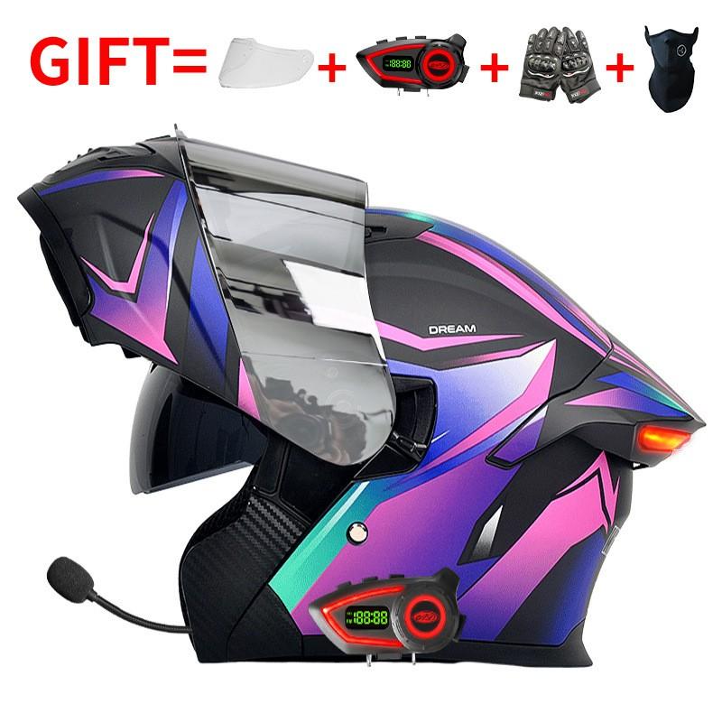 Bluetooth Smart Tail Light Motorcycle Flip-Up Helmet Men Women All Season Full Face Off-Road Riding
