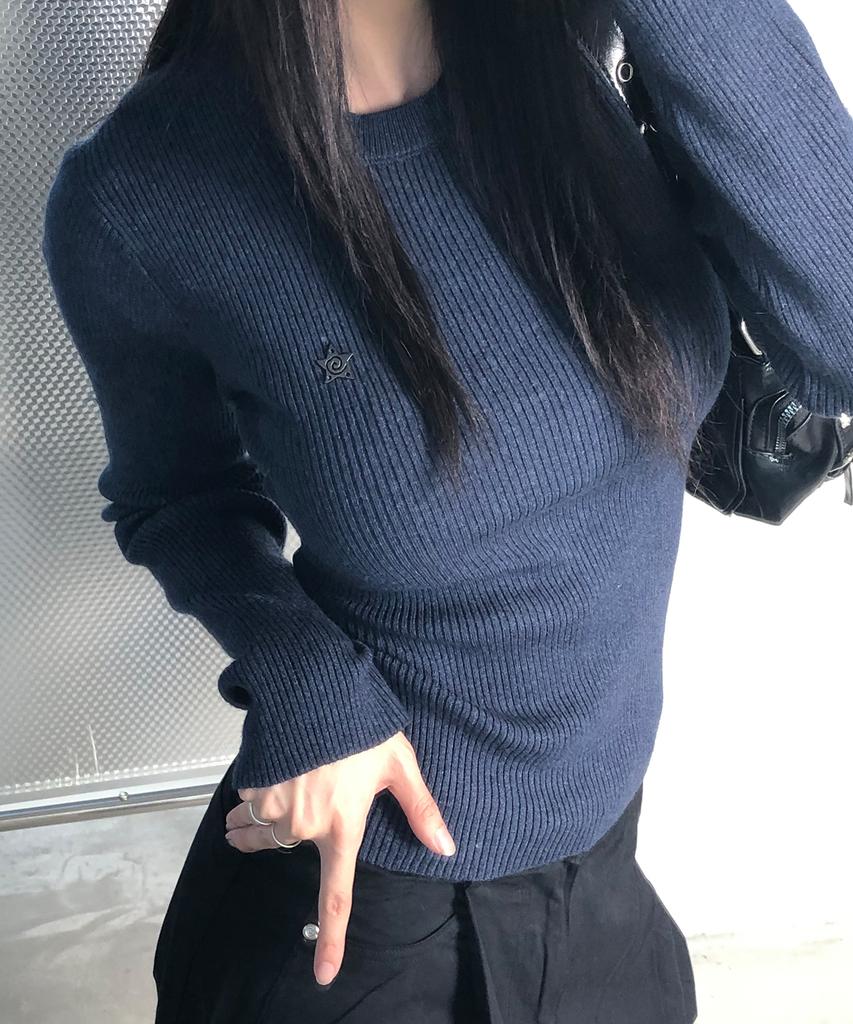 CHICKS Slim Fit Ribbed Round Knit Navy