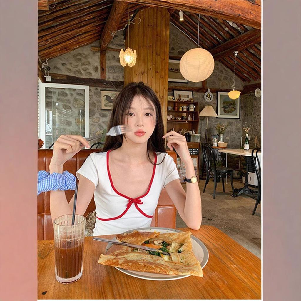 Short-sleeved T-shirt Women's Summer New Spice Girl Slim and Thin Red Bow Student V-neck Short Top Trendy