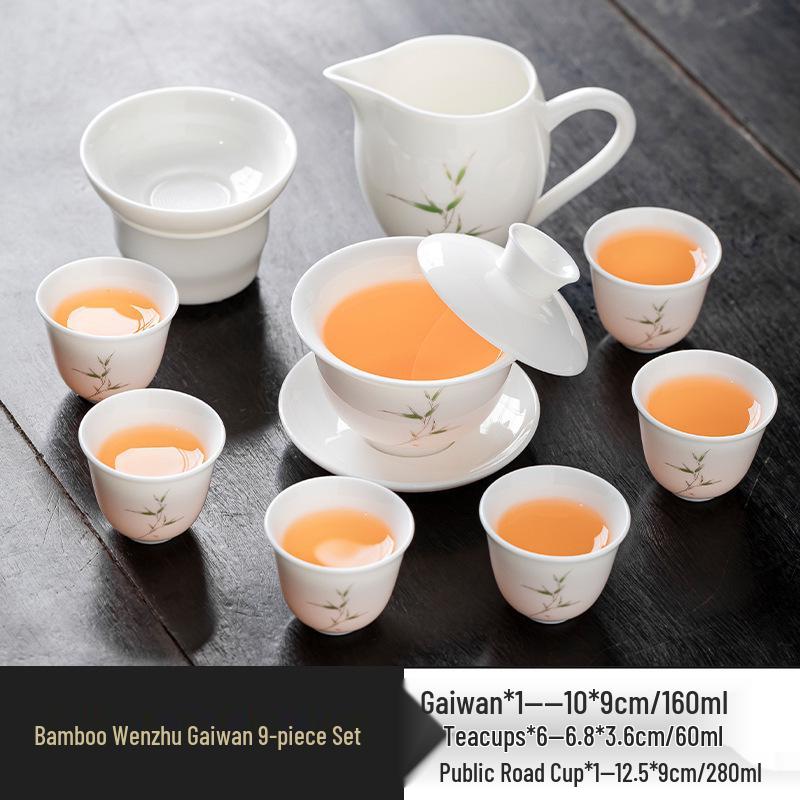 High-Grade Mutton Fat Jade Rotating Lid Bowl and White Porcelain Teapot Set