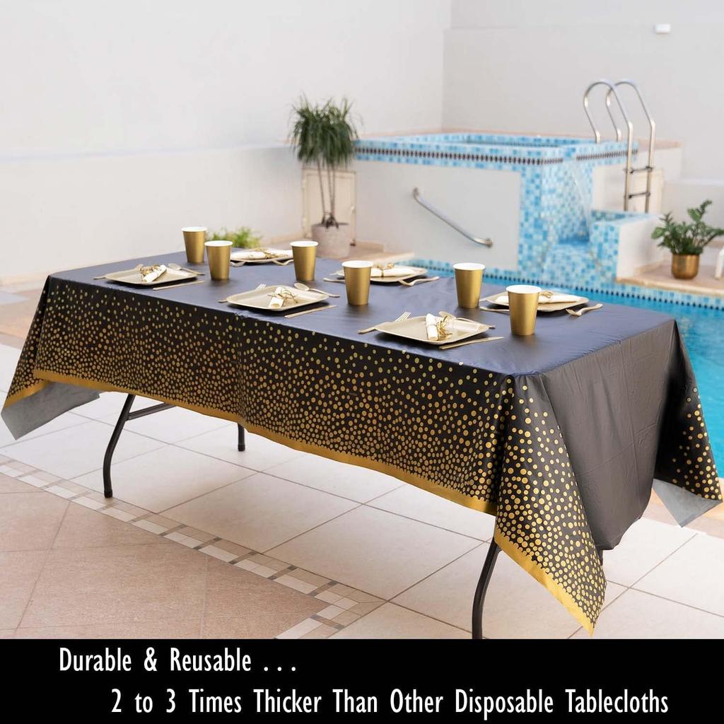 2 Pack Premium Black and Gold Plastic Tablecloths – Thick, Durable, Reble Table Covers (54 x 108 in) – Disposable Party Tablecloths for Birthday,