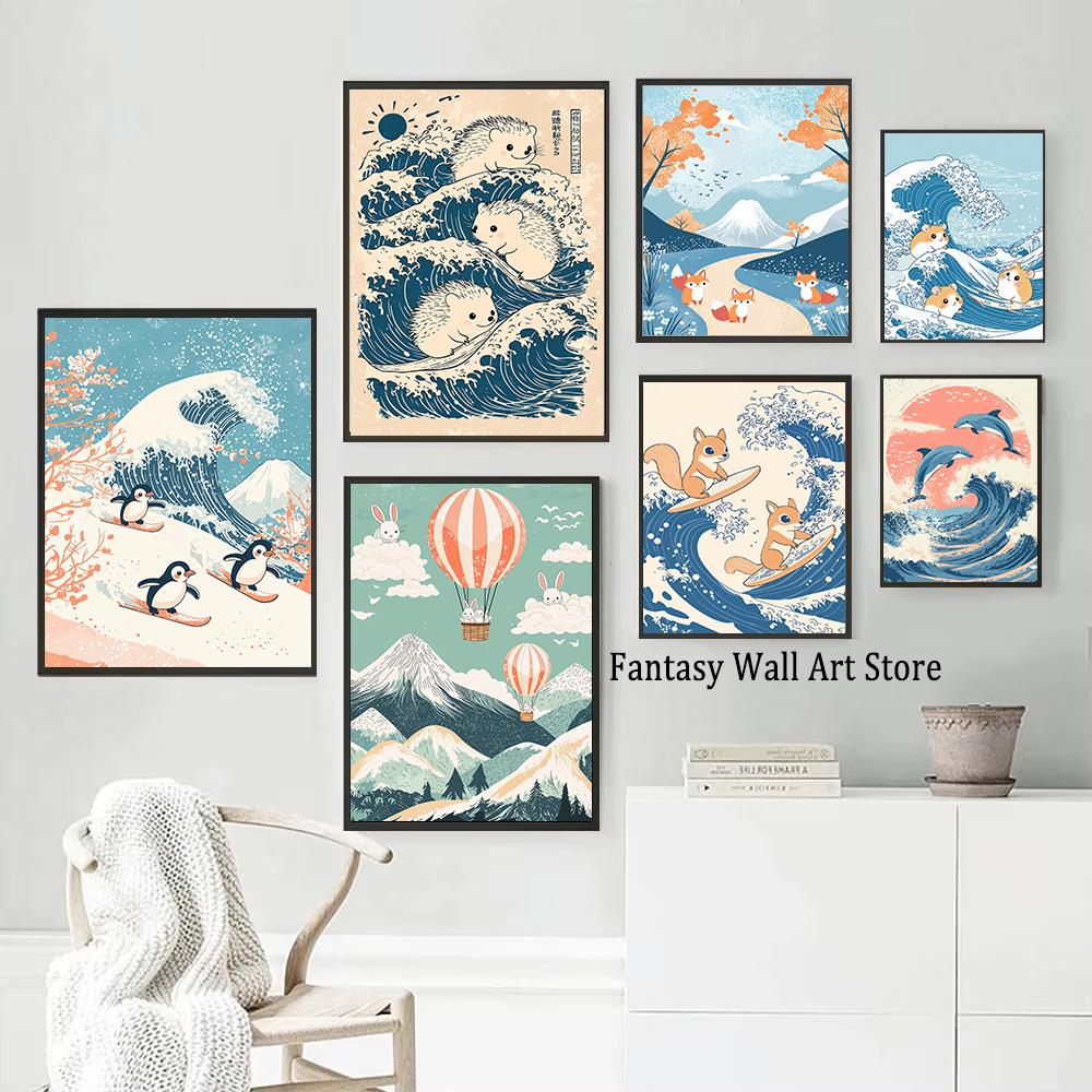 Retro Japanese Cartoons Animals Illustration Poster Wave Panda Cat Penguin Cute Animals Prints Kids Room Nursery Room Canvas Art
