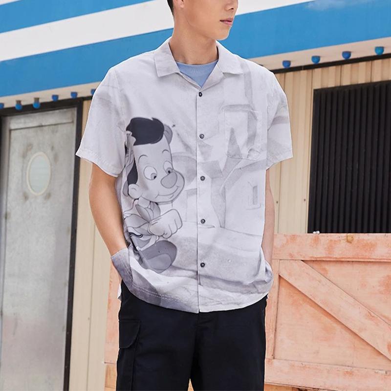 Li-Ning X Disney Pinocchio Collection Cartoon Print Casual Short Sleeve Shirt Men Tops White Sand Gray ASHS431-1