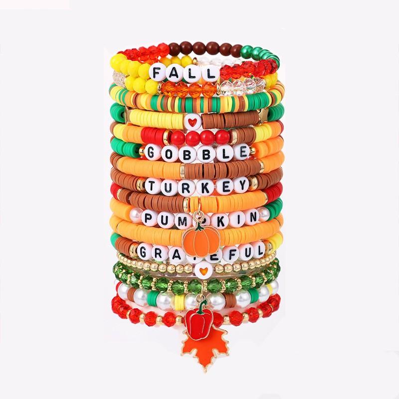 

Thanksgiving Bracelet Set, Personalized Fashion Pumpkin Maple Leaf Crystal Letter Beaded Harvest Festival Bracelet