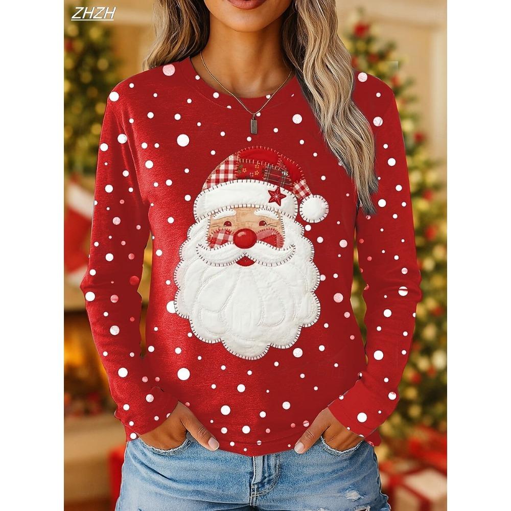 Women's Classic Santa Print Long Sleeve, Festive Crew Neck Top, Holiday