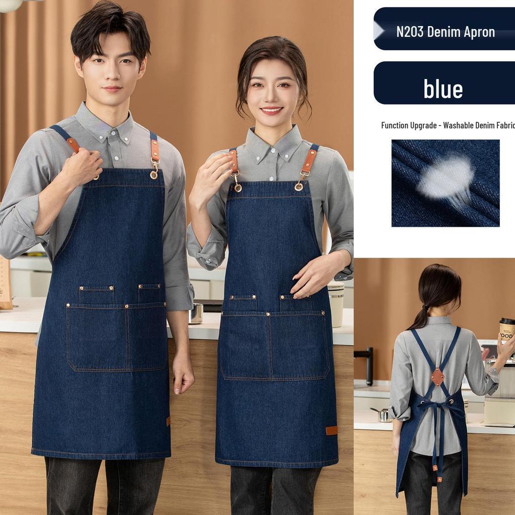 Waterproof Oil-Proof Fashion Denim Apron for Adults - Perfect for Kitchen, Catering, and Coffee Shop Work