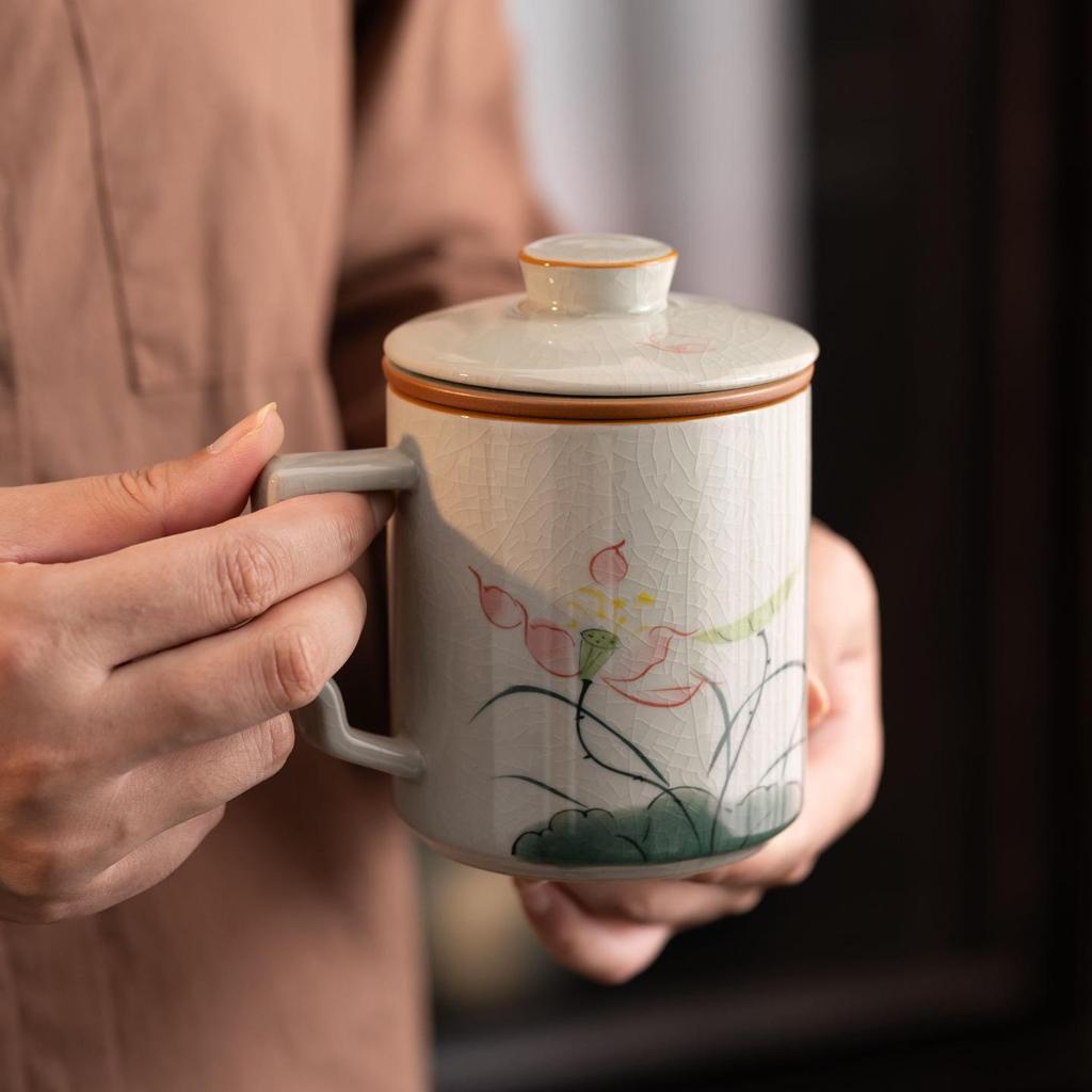 Ge Kiln Ceramic Tea Cup Set: Three-Piece Mug with Inner Liner, Gift Box, Logo Customizable, Perfect for Business Gifts