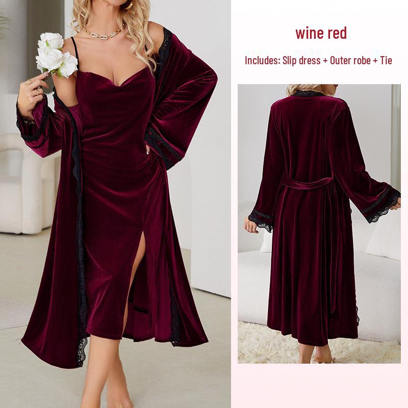 Fiyun Elegant Velvet Nightgown with Sexy Slit and Backless Design - European & American Style Home Set 651