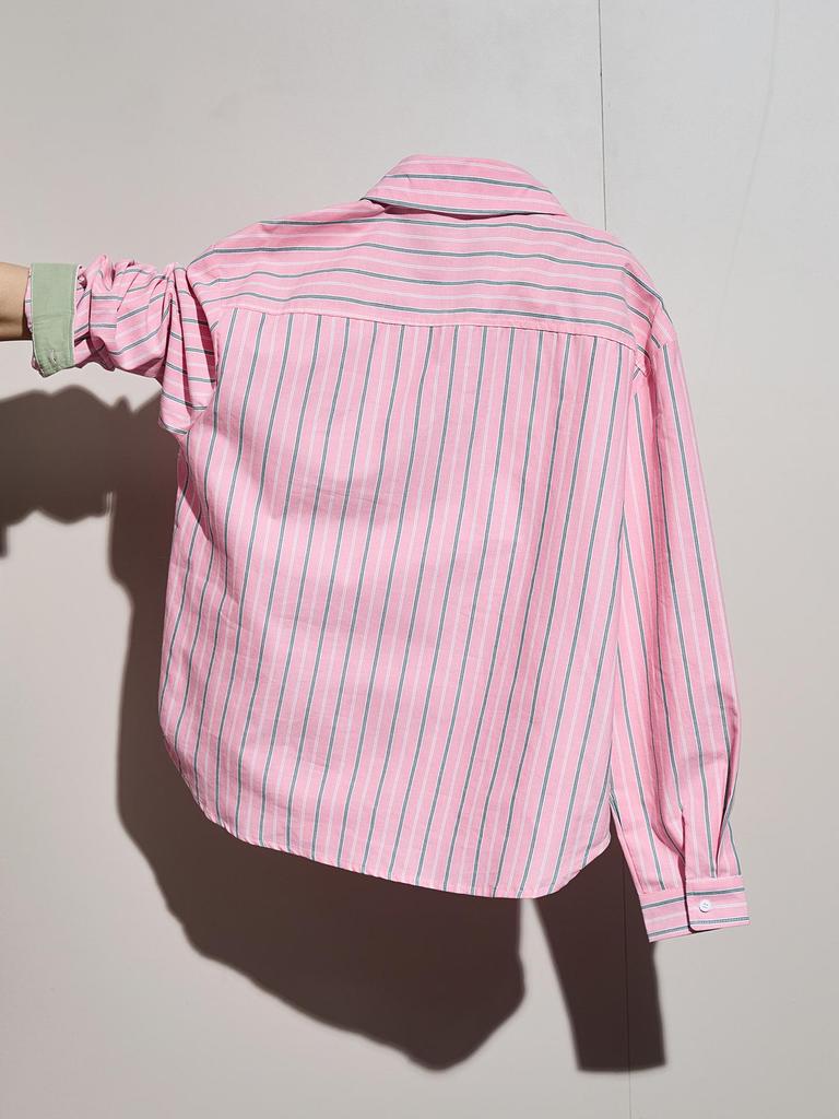 Women's Korean-Style Pink Striped Polo Long-Sleeve Shirt, Loose Fit, Versatile for Early Autumn