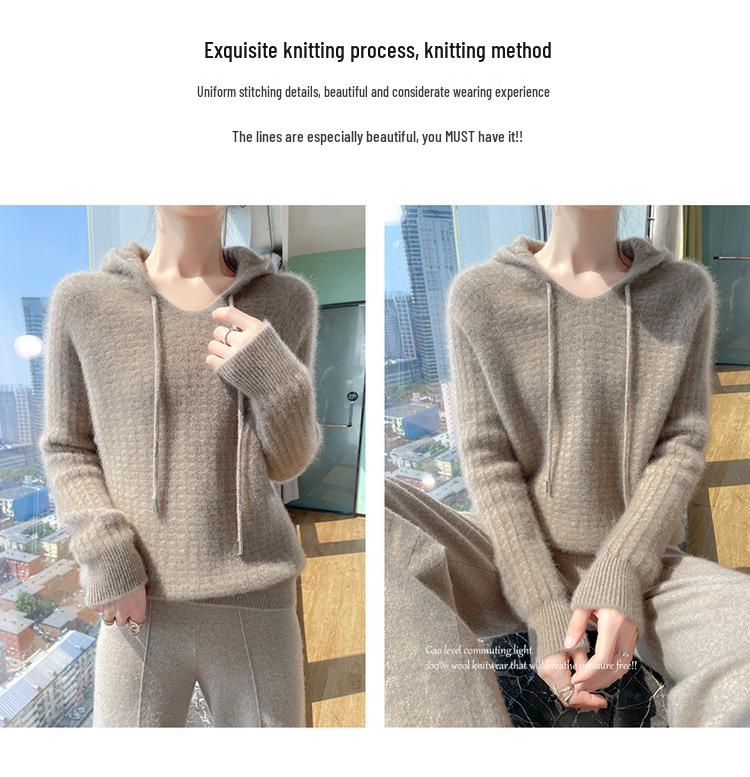 Women's Hooded Pure Wool Knit Hoodie - Autumn/Winter Soft Fluffy Loose Style
