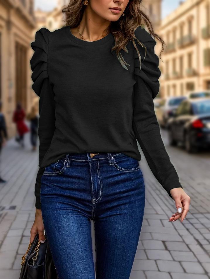 

2024 Женский осенне-зимний приталенный кашемировый топ с рукавами-пузырями и круглым вырезом XXL чёрный