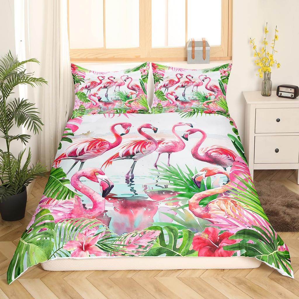 Comforter Queen Size Pink Flamingo Boys Girls Palm Leaves Bedding Set For Couples Bird Print Comforter Set