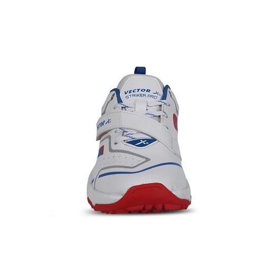 Vector X Striker Pro Cricket Shoe for Men with PU Upper/Sports Shoes/EVA Sockliner Sports Midfoot Support Strap Color: White-Blue-Red Size 8