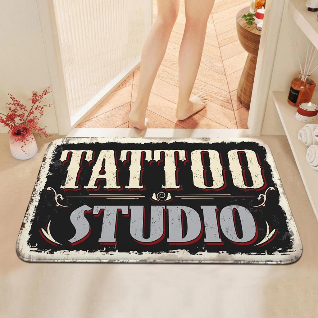 VIKAMA Tattoo Studio Retro Style Doormat Non-Slip Scratch-Resistant Entry Porch Mat Living Room Bedroom Carpet Home Decoration