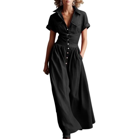 Women Casual Button Down Shirt Dress, Short Sleeve Long Western Cowgirl Dress, Summer Flowy A-Line Maxi Dress with Pockets