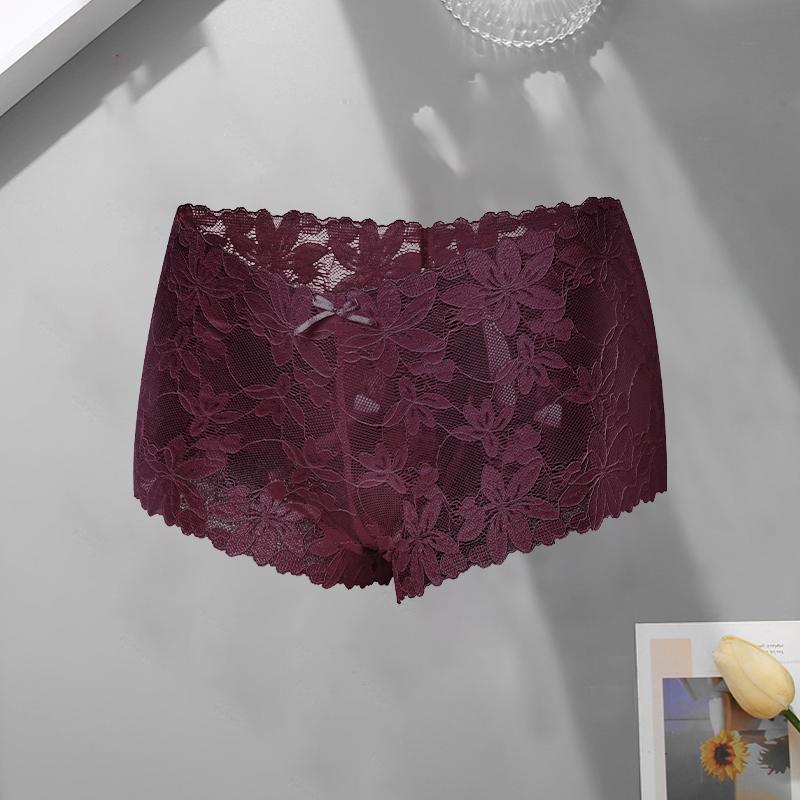 Women‘s Sexy Lace Floral Boxer Shorts Panties Female Solid Color Hollow Out High Waist Boyshort Elastic Perspective Lingerie