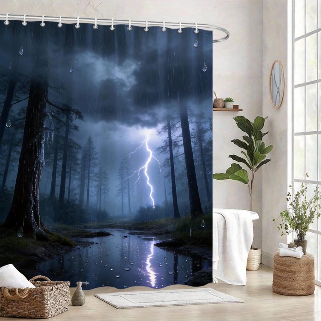 Enchanted Forest Shower Curtain 180X180Cm – Mystical Purple Trees With Glow Path & Stars, Fantasy Bathroom Decor, 12 Hooks