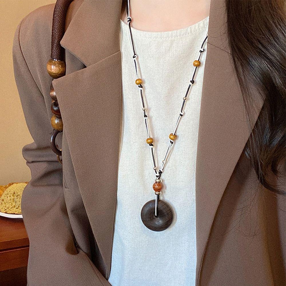 Auspicious Cloud Vintage Wood Necklace Adjustable Long Necklace for Women Jewelry