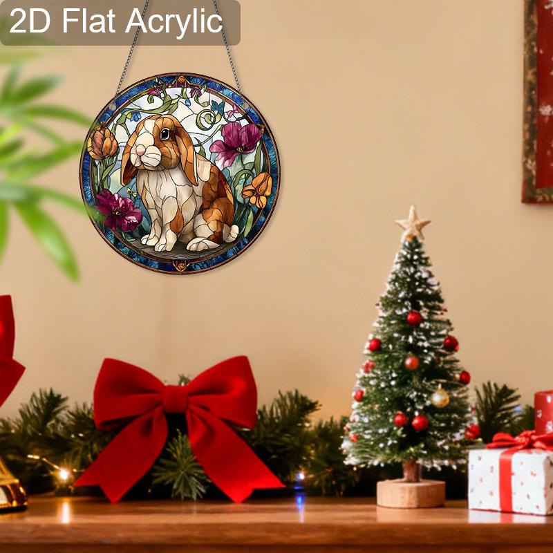 Acrylic Lop-Eared Rabbit with Flowers Suncatcher, Stained Glass Effect Window Hanging Ornament for Animal Lover Gifts