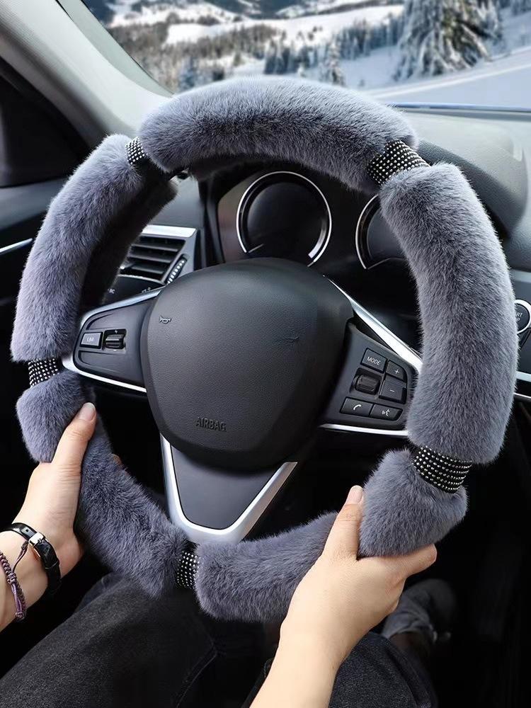 38cm Imitation Mink Fur Car Steering Wheel Cover Warm Plush with Rhinestones Elastic Handle Warmth Luxury Steering Covers