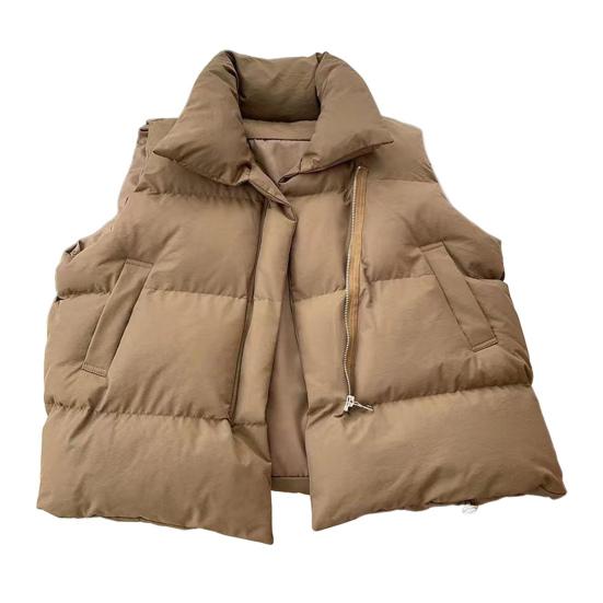 Winter Women Vest Coat Thickened Padded Zipper Closure Turn-down Collar Sleeveless Solid Color Windproof Heat Retention Outdoor Down Coat