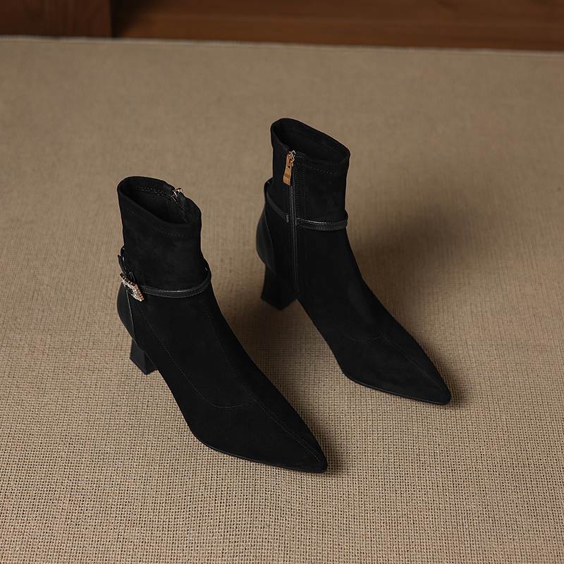 Krazing Pot Flock Pointed Toe Thin High Heels Modern Boots Size 42 Zip Plus Size Crystal Buckle Women Elastic Ankle Boots
