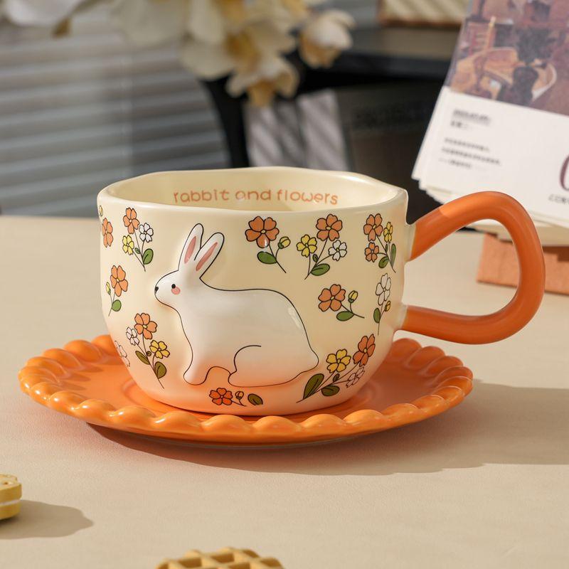Ceramic Rabbit Pattern Coffee Cup Saucer Cute Afternoon Tea Cup Juice Breakfast Mug Handheld Milk Coffee Mug Home Accessories