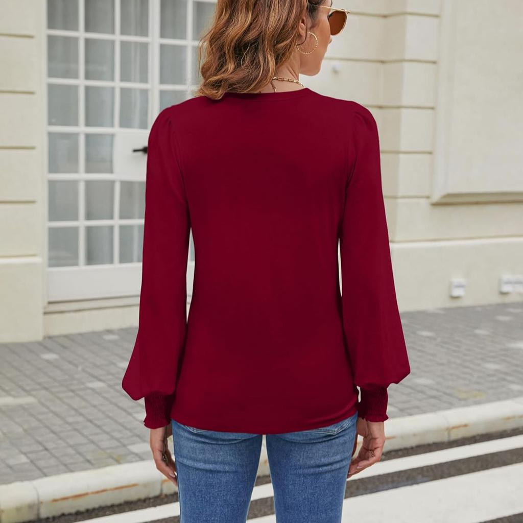 Fashion Women's Casual Tops Spring Long Sleeve V-Neck Locked Bubble Sleeve Range Cuffed Top T-Shirt Comfortable and Versatile T-shirt for Ladies