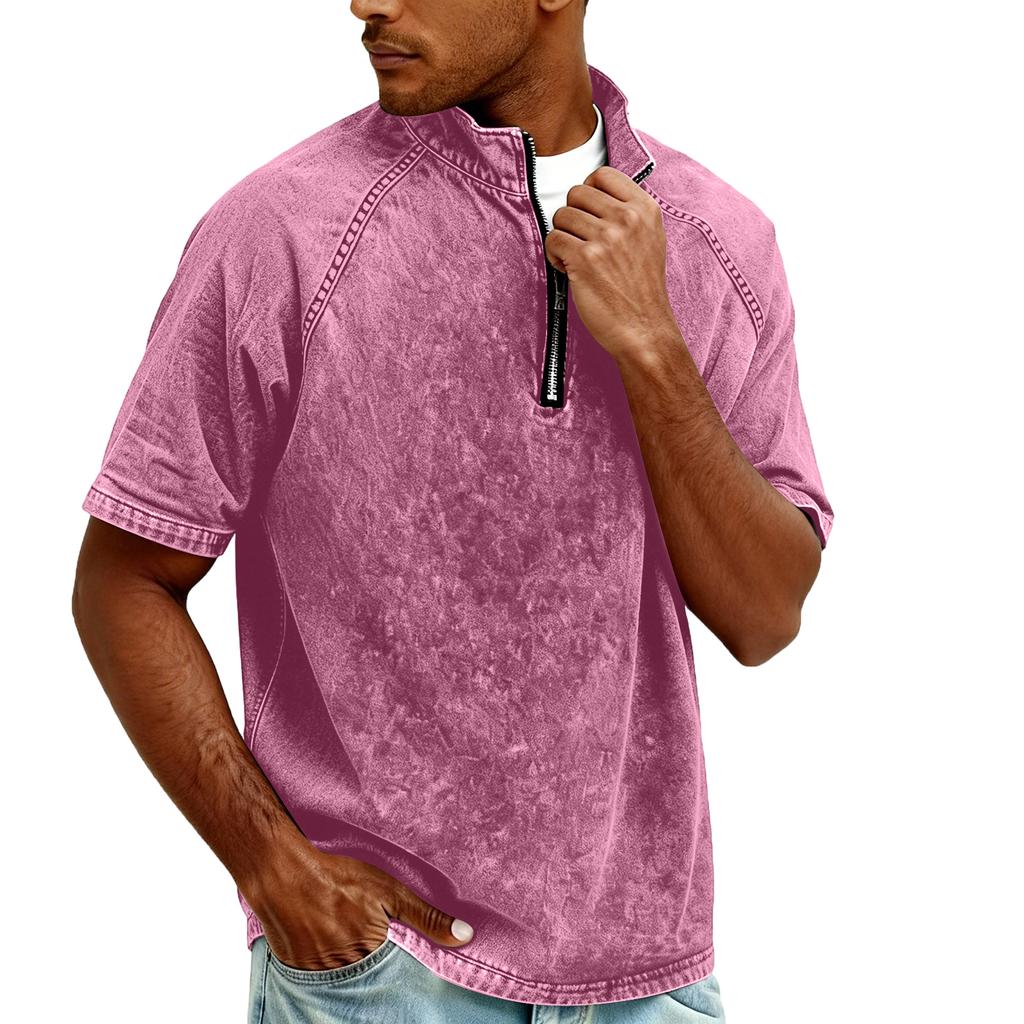 Men's Zipper Stand-up Collar Short-sleeved Distressed Washed Crewneck Casual Shirt