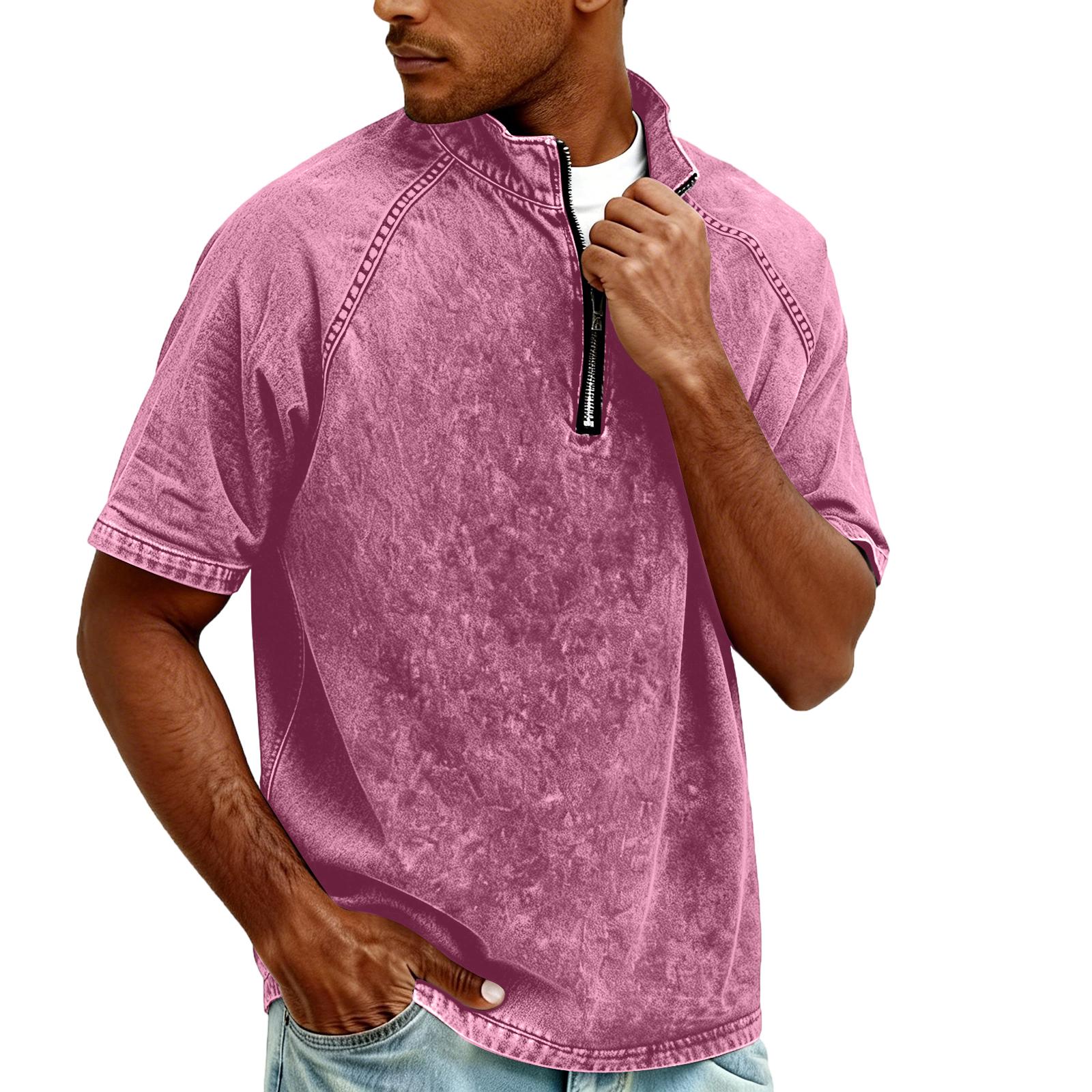 

Men s Zipper Stand-up Collar Short-sleeved Distressed Washed Crewneck Casual Shirt XL