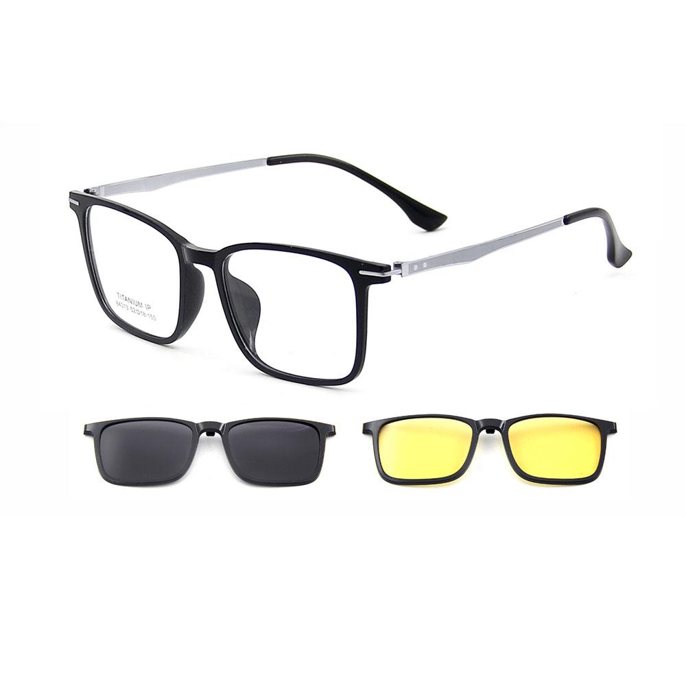 Men's 3-in-1 Square Ultralight TR90 Polarized Sunglasses Clip-On + Night Vision Titanium Legs Frames for Day & Night Driving