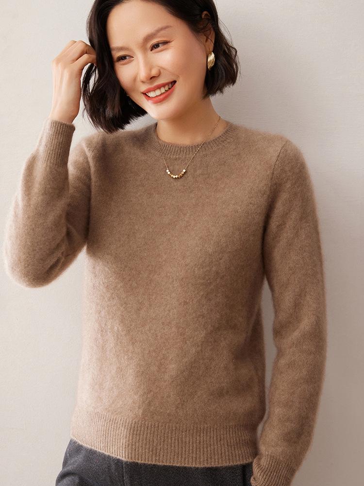 Women's Solid Color Cashmere Knit Sweater: Round Neck, Long Sleeve, Double-Ply Base Layer for Autumn & Winter.