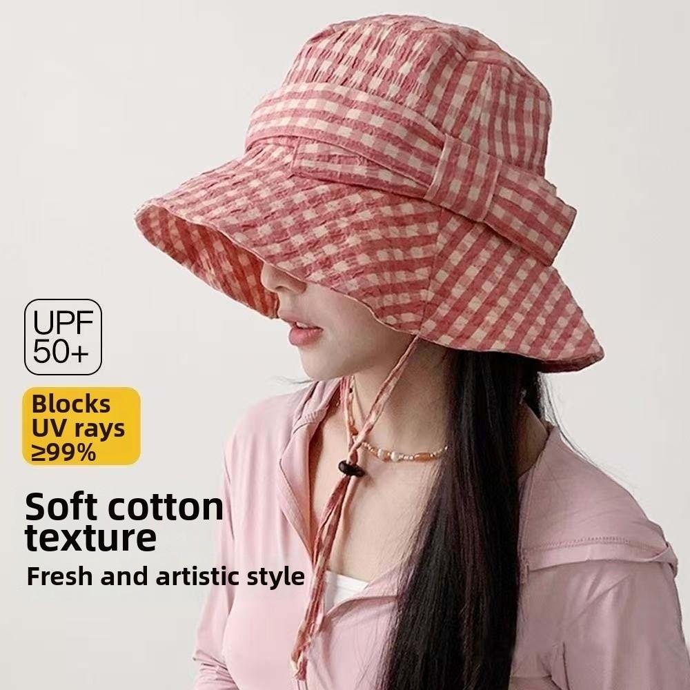 Korean Style Fine Plaid Fisherman Hat Bow Wide Brimmed Sunscreen Basin Cap with Windproof Rope Polyester Folding Sun Cap Daily