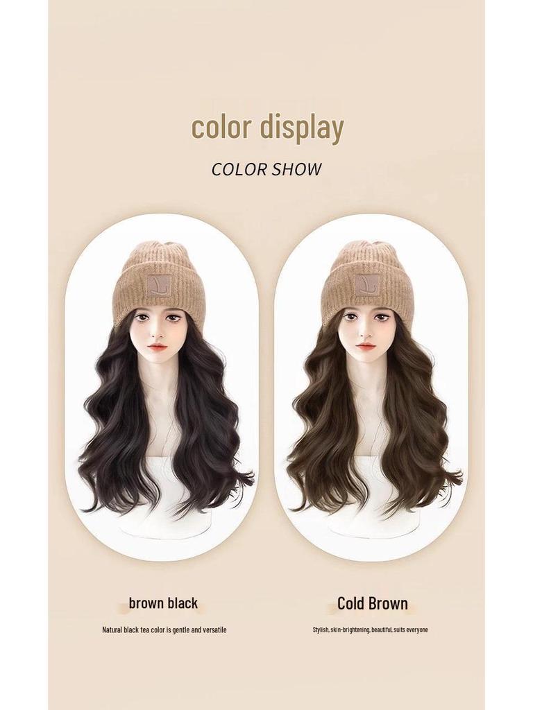 Women's Fashionable Knitted Wool Hat with Realistic Non-Detachable Wig for Autumn/Winter 2025