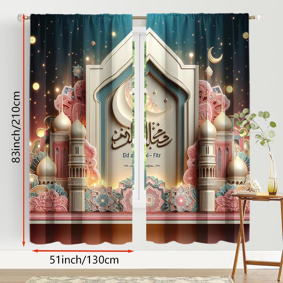 2pcs  Eid al Fitr Theme Traditional Pattern Curtains Islamic Style Living Room Bedroom Drawbar Pocket Window Decoration