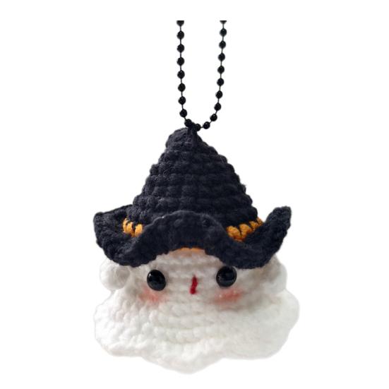Halloween Crochet Ghost Ornament Cute Handmade Knitted Frog/Cat/Spider/Strawberry Ghost Hanging Decoration for Car Rearview Mirror Bag Charm