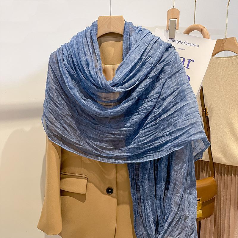 Japanese pleated solid color spring and autumn cotton and linen scarf silk scarf women's literary summer shawl Korean version scarf yarn versatile