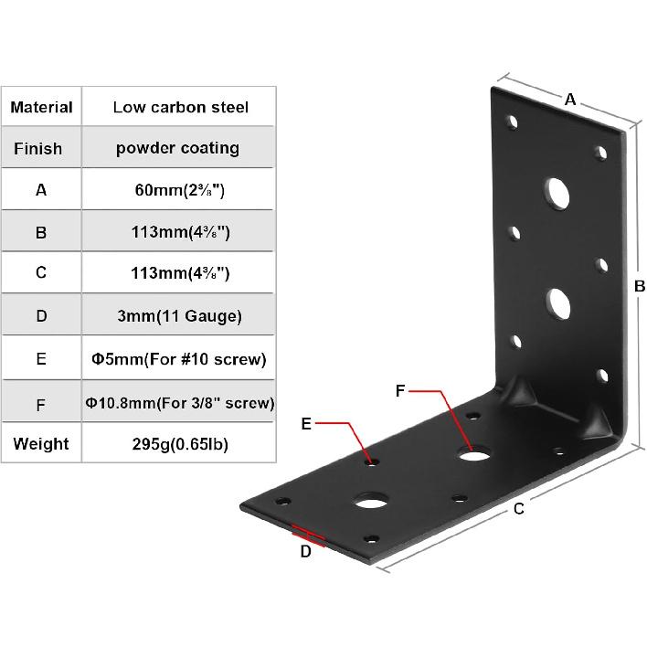 8 Pack 4-1/2" Steel Black L Right Angle Bracket, 90 Degree Corner Braces with Reinforcing Rib, Metal Joint Connector for Timber Wood