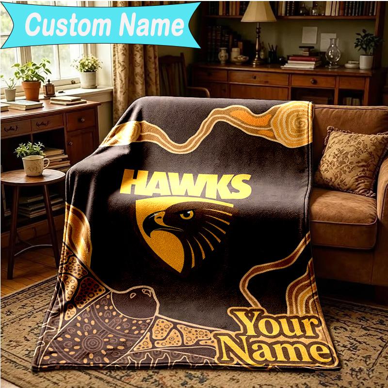 1PC Custom Name Blanket Hawks Team Spirit Flannel Blankets Patterns Throw Blanket All-Season Soft Gift for Couch, Bed, Camping, Birthday Gifts