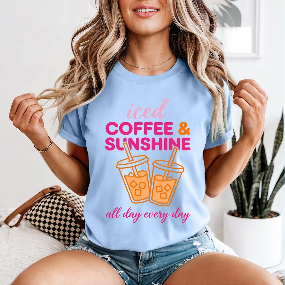 Iced Coffee And Sunshine Unisexs T Shirt Coffee Lover Gifts Summer Vibes Tee 2XL