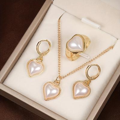 4pcs Women's Zircon Set Fashionable and Casual Artificial Zircon Heart-shaped Necklace, Ring, Earring Accessory Set, Suitable Fo